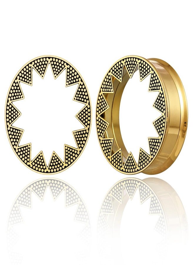 Earblity 1 Pair Serrated Classic Gauges 00g/ 10mm Ear Tunnels Plugs 316 Stainless Steel Gold Ear Gauges Weight Saddle Plugs Hypoallergenic expander Piercing Body Jewelry - Image 1